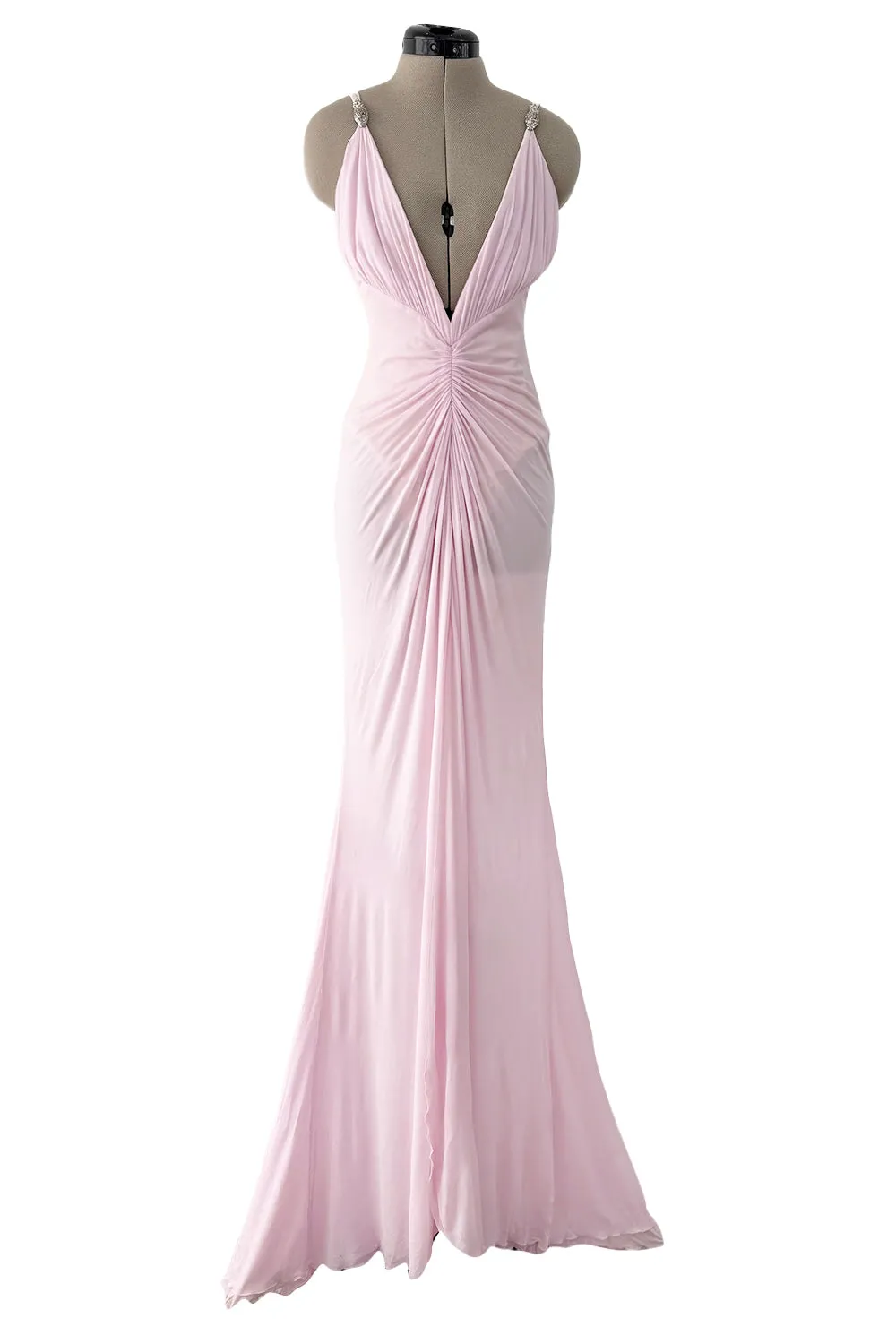 2005 Roberto Cavalli Pale Pink Silk Jersey Plunge Dress w Trained Back