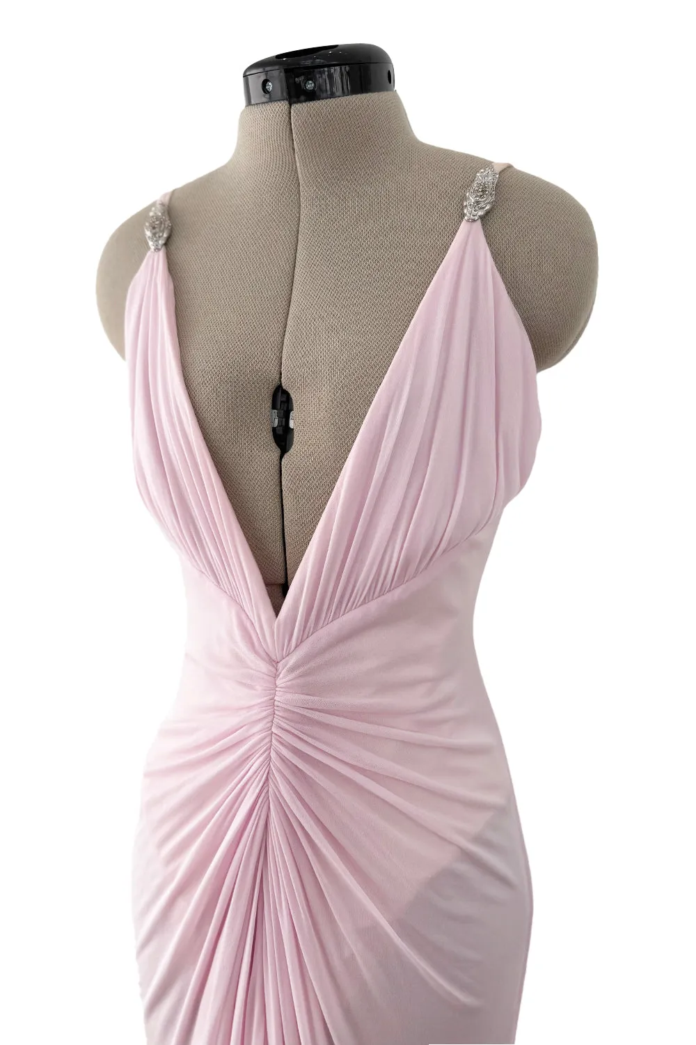 2005 Roberto Cavalli Pale Pink Silk Jersey Plunge Dress w Trained Back
