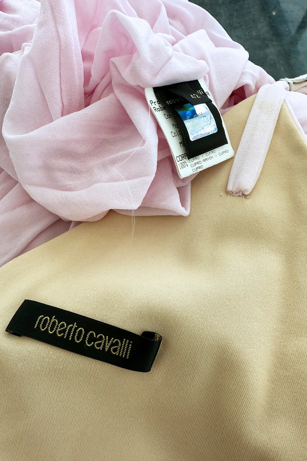 2005 Roberto Cavalli Pale Pink Silk Jersey Plunge Dress w Trained Back