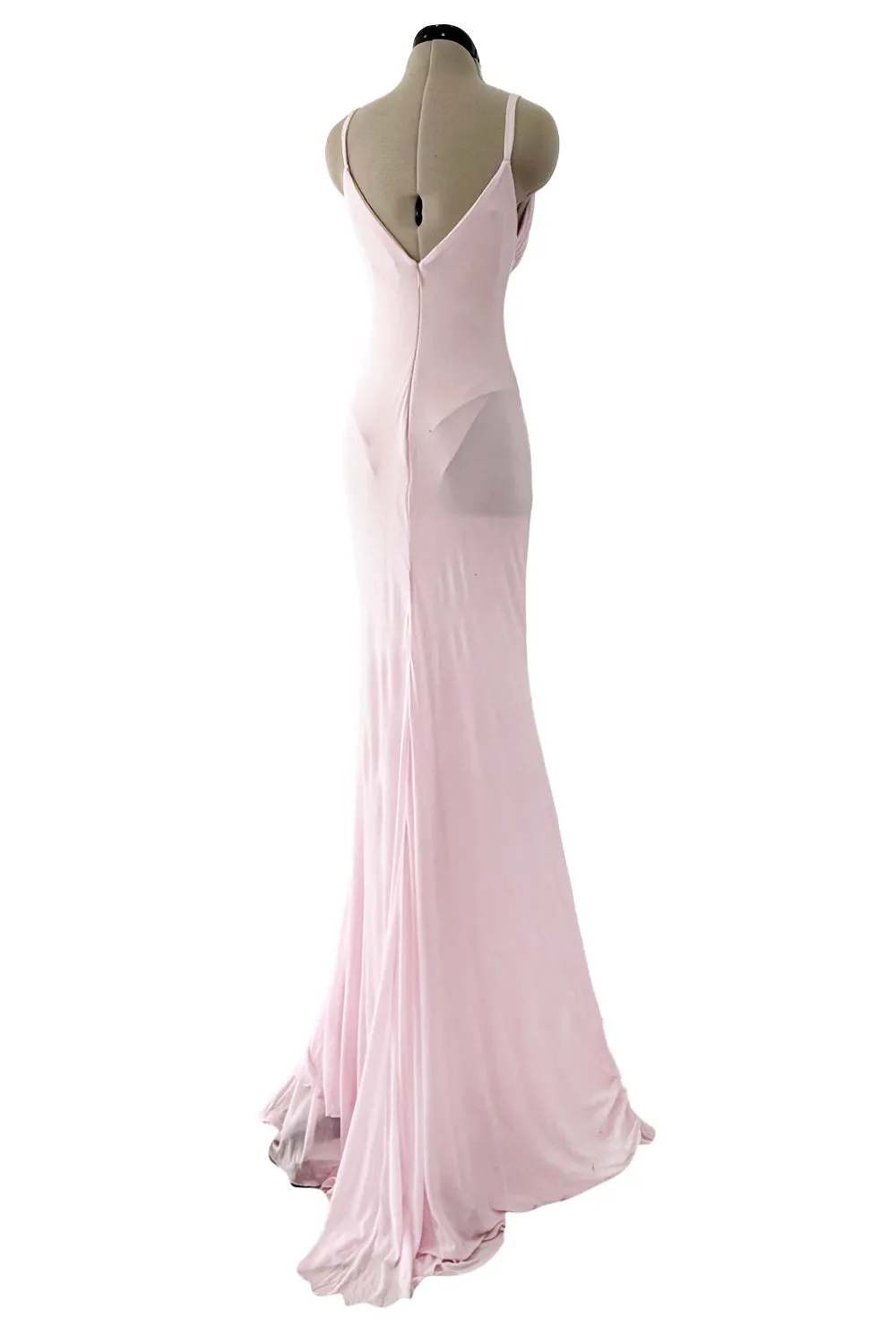 2005 Roberto Cavalli Pale Pink Silk Jersey Plunge Dress w Trained Back
