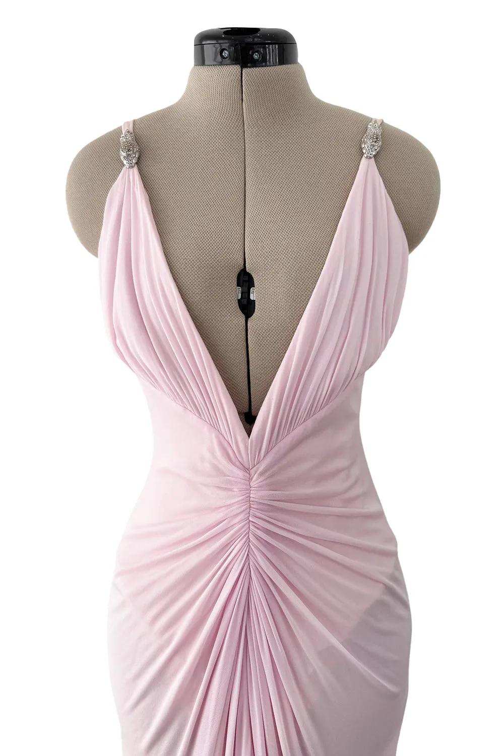 2005 Roberto Cavalli Pale Pink Silk Jersey Plunge Dress w Trained Back