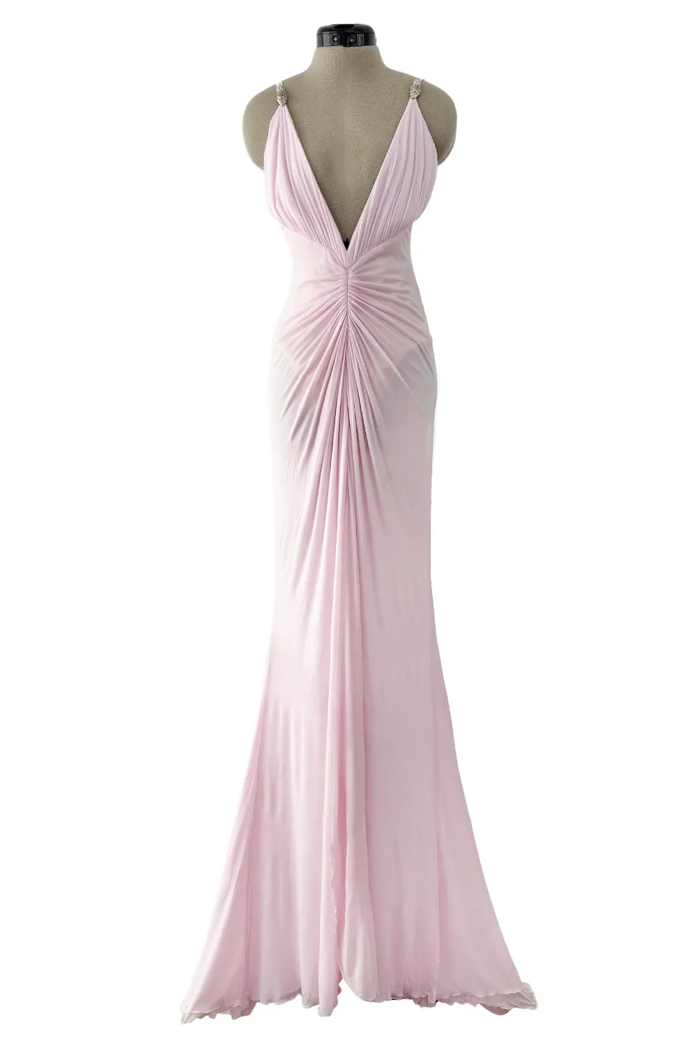 2005 Roberto Cavalli Pale Pink Silk Jersey Plunge Dress w Trained Back