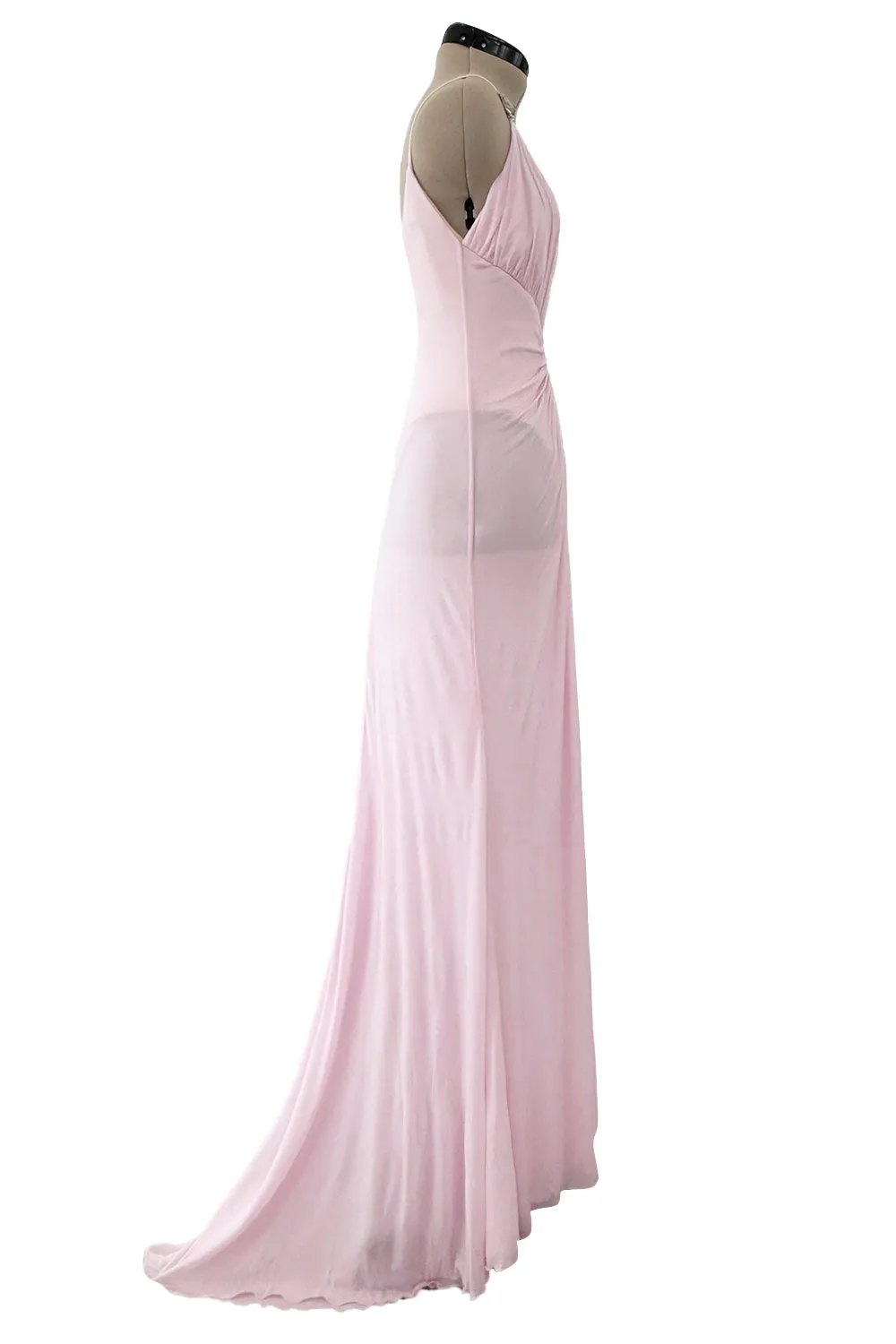 2005 Roberto Cavalli Pale Pink Silk Jersey Plunge Dress w Trained Back