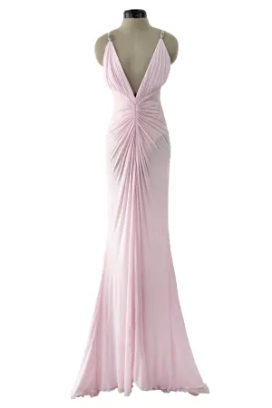 2005 Roberto Cavalli Pale Pink Silk Jersey Plunge Dress w Trained Back