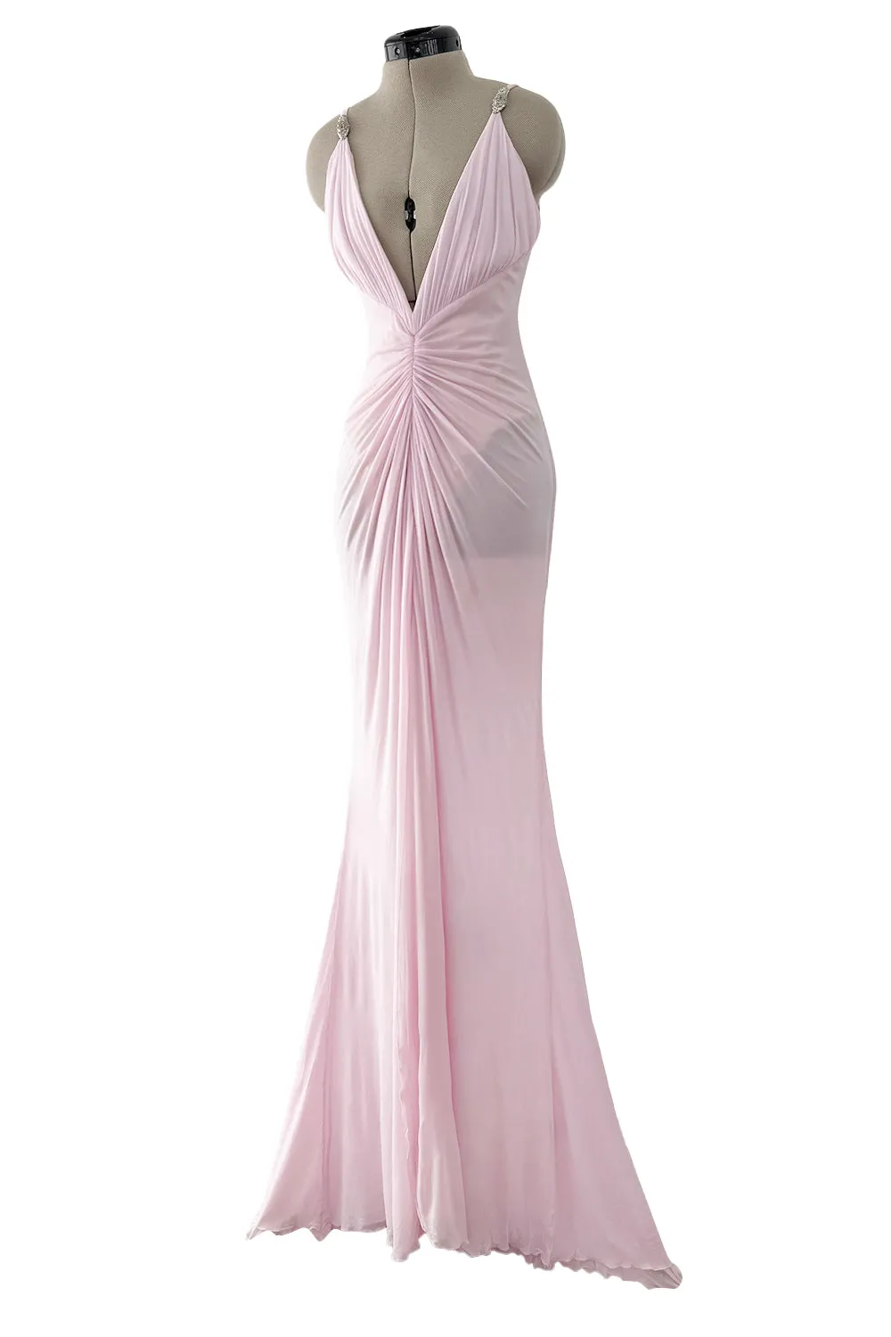 2005 Roberto Cavalli Pale Pink Silk Jersey Plunge Dress w Trained Back