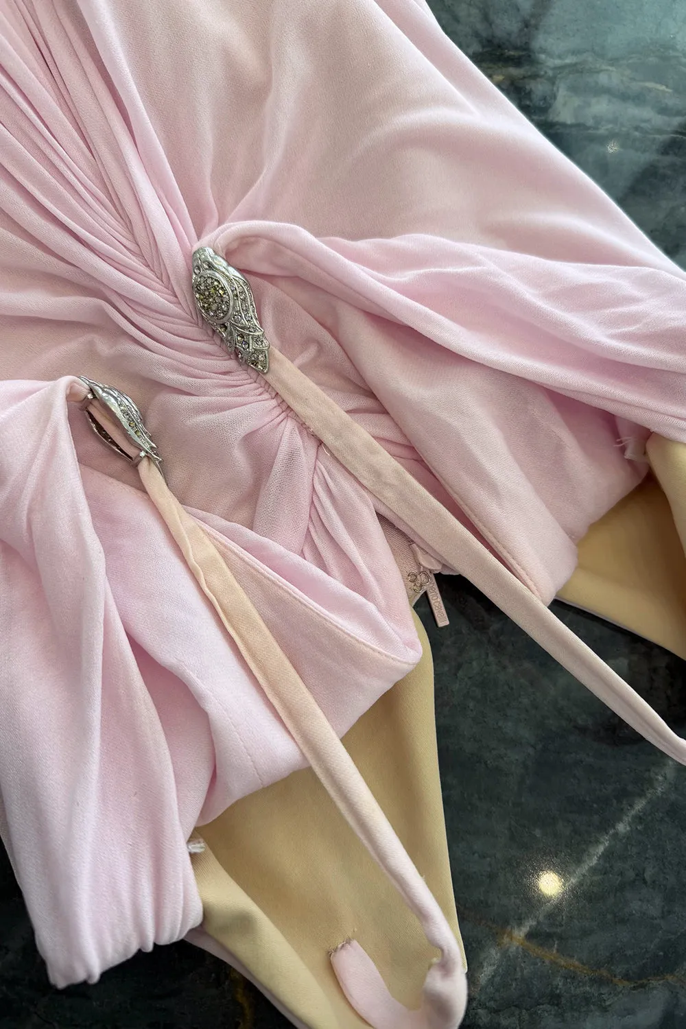 2005 Roberto Cavalli Pale Pink Silk Jersey Plunge Dress w Trained Back