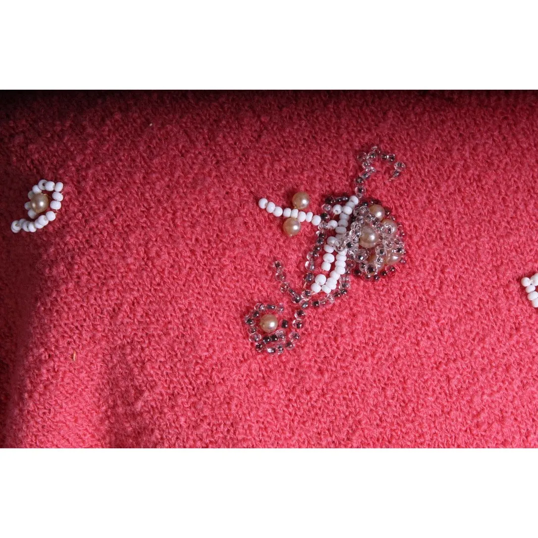 2PC Vintage Secretary Skirt Suit Sweater Suit 1950s Pink Beaded Wool Boucle Womens M