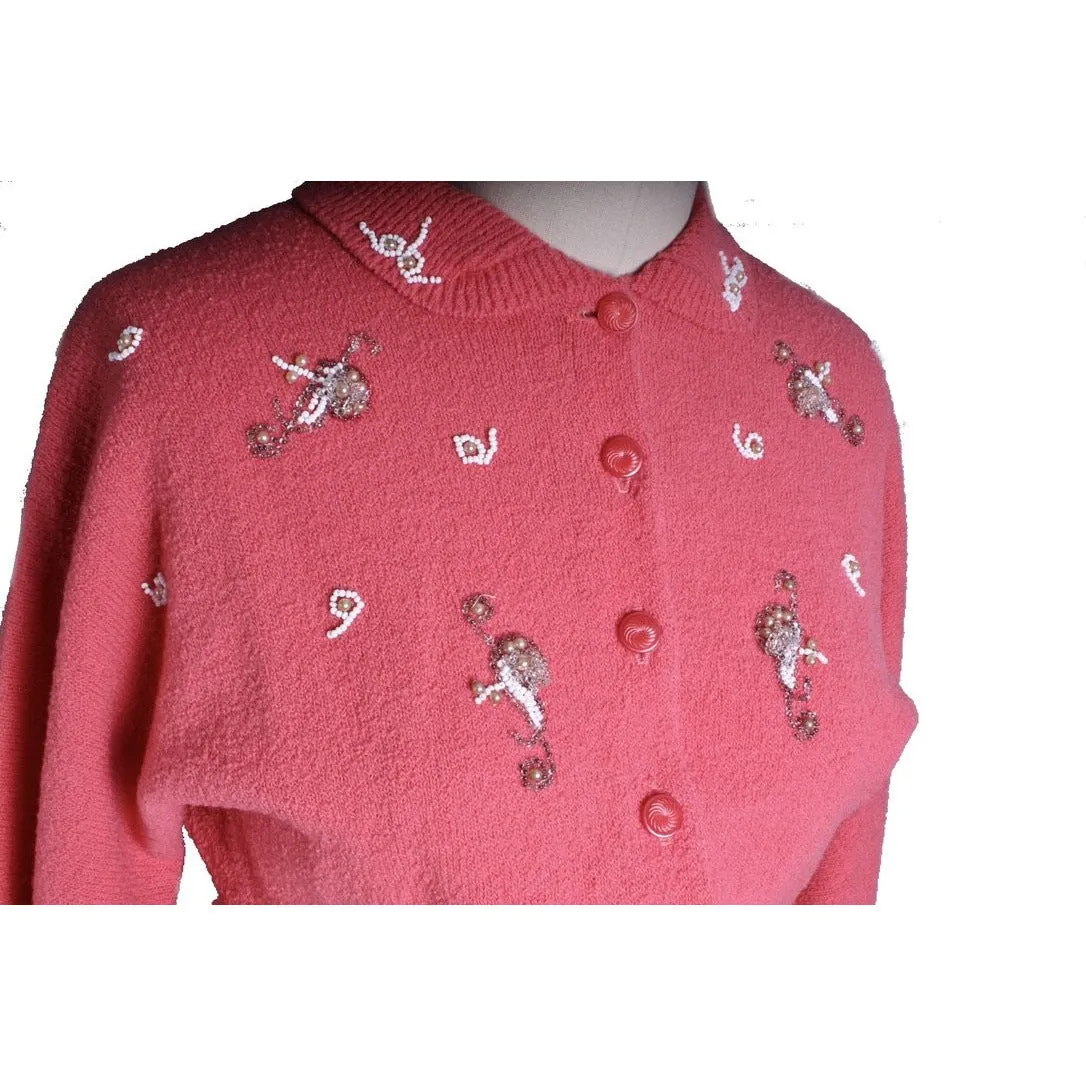 2PC Vintage Secretary Skirt Suit Sweater Suit 1950s Pink Beaded Wool Boucle Womens M