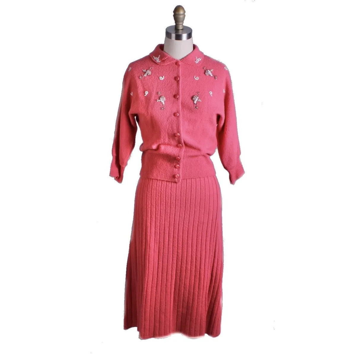 2PC Vintage Secretary Skirt Suit Sweater Suit 1950s Pink Beaded Wool Boucle Womens M