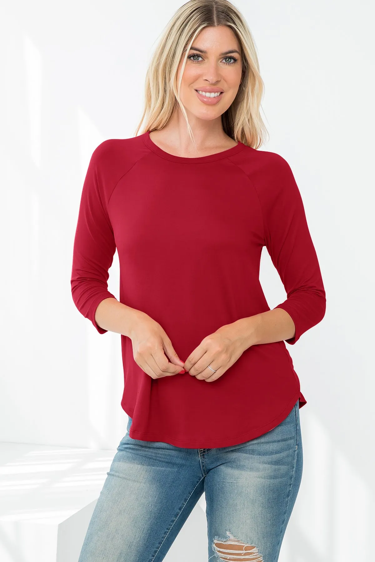 3/4 Sleeve Round Hem Solid Top