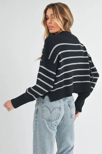 Aemi   Co Side Slit Striped Round Neck Knit Top
