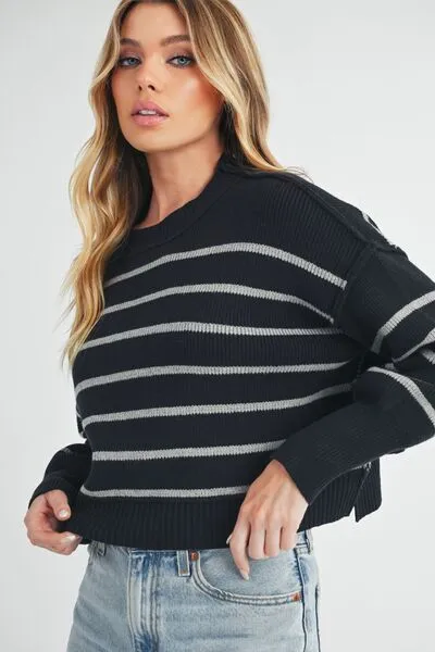 Aemi   Co Side Slit Striped Round Neck Knit Top