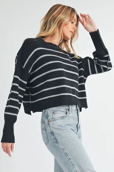 Aemi   Co Side Slit Striped Round Neck Knit Top
