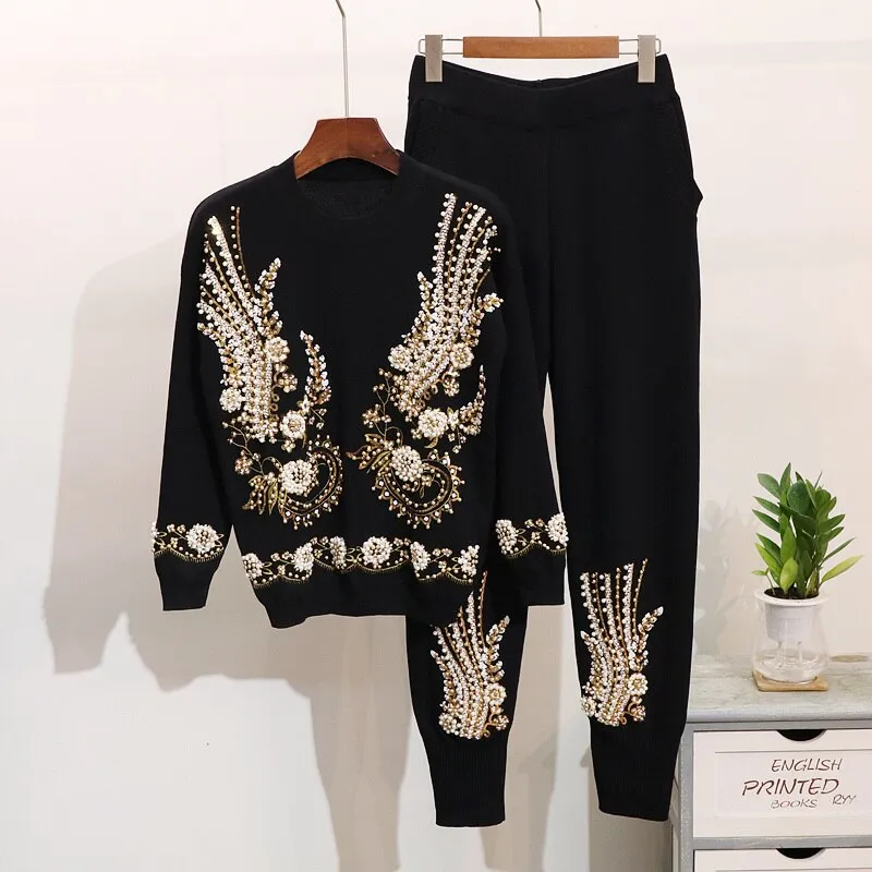Anya Beaded Sequins Embroidery Knitted Pullover Sweater Set