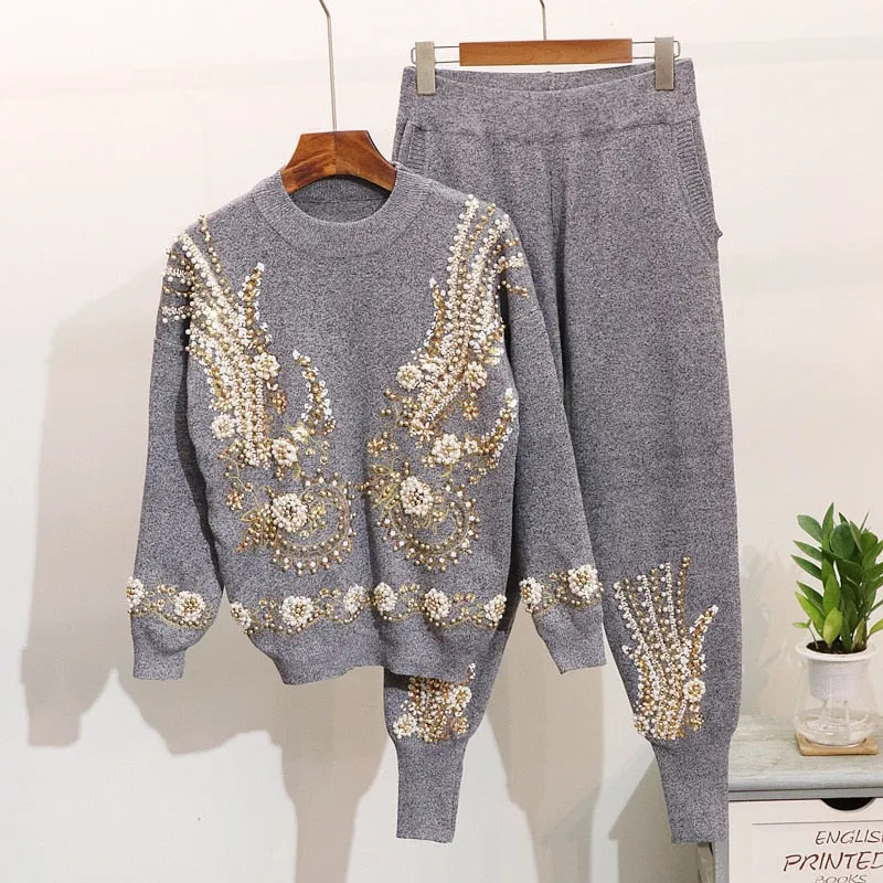 Anya Beaded Sequins Embroidery Knitted Pullover Sweater Set