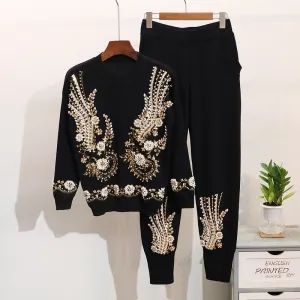 Anya Beaded Sequins Embroidery Knitted Pullover Sweater Set