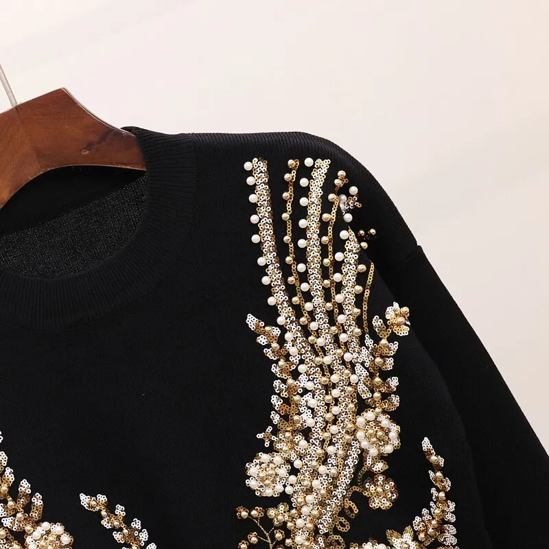 Anya Beaded Sequins Embroidery Knitted Pullover Sweater Set