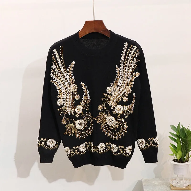 Anya Beaded Sequins Embroidery Knitted Pullover Sweater Set