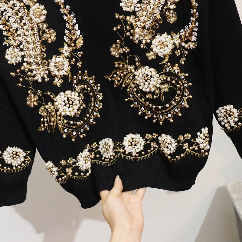 Anya Beaded Sequins Embroidery Knitted Pullover Sweater Set