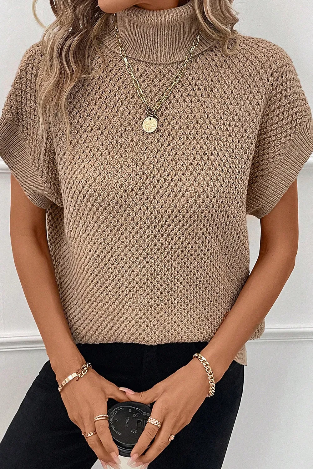 Apricot khaki Ribbed Turtleneck Textured Short Sleeve Sweater