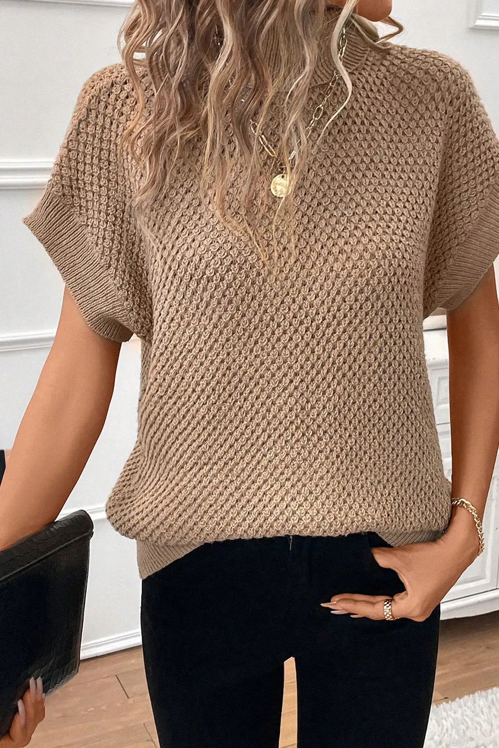 Apricot khaki Ribbed Turtleneck Textured Short Sleeve Sweater