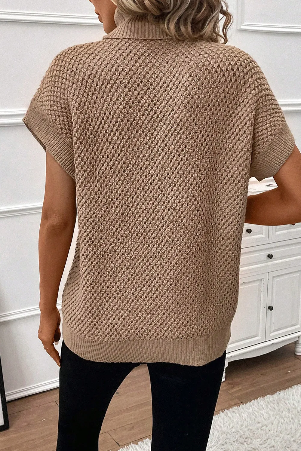 Apricot khaki Ribbed Turtleneck Textured Short Sleeve Sweater