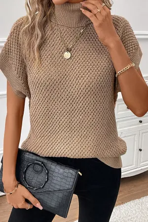 Apricot khaki Ribbed Turtleneck Textured Short Sleeve Sweater