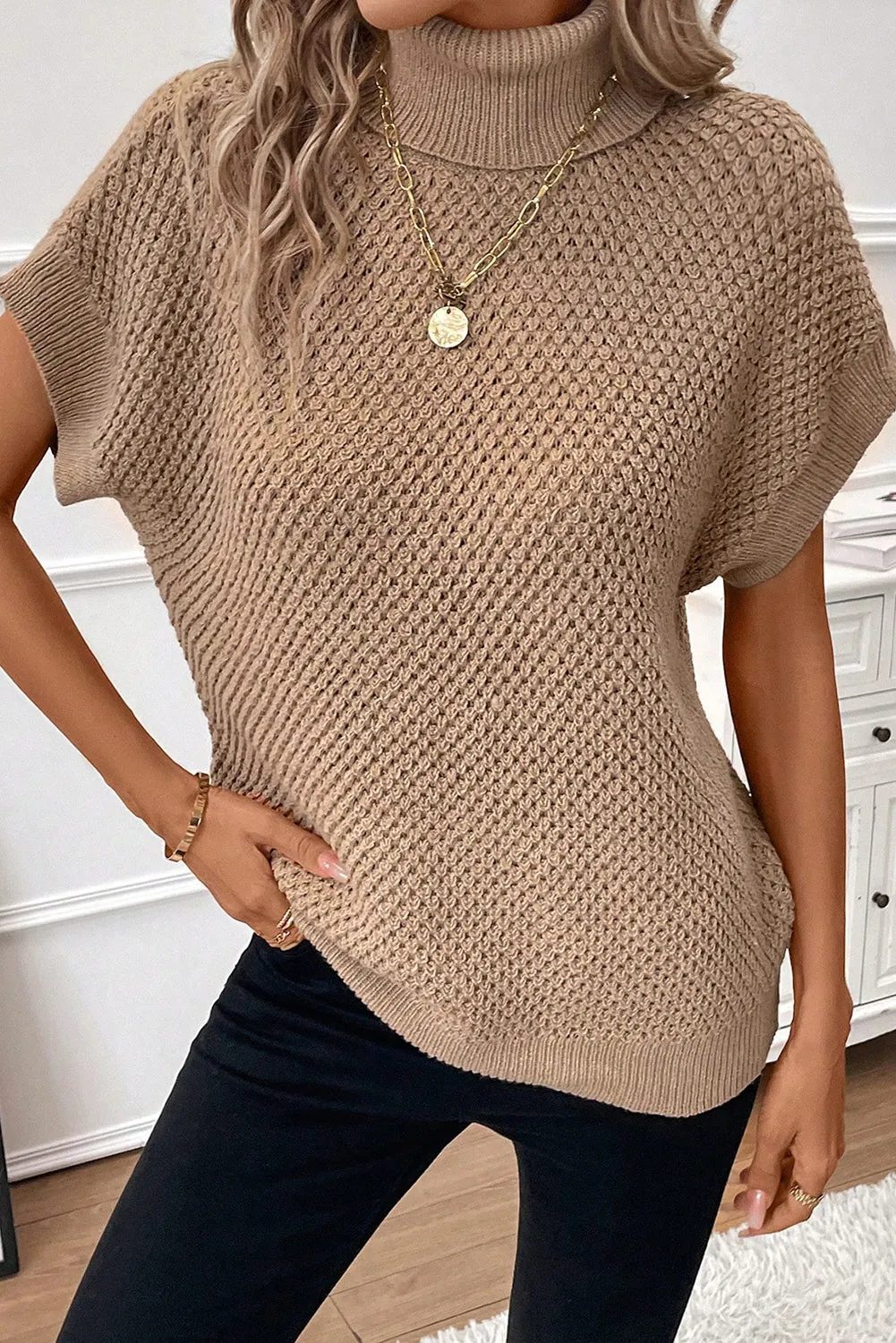 Apricot khaki Ribbed Turtleneck Textured Short Sleeve Sweater