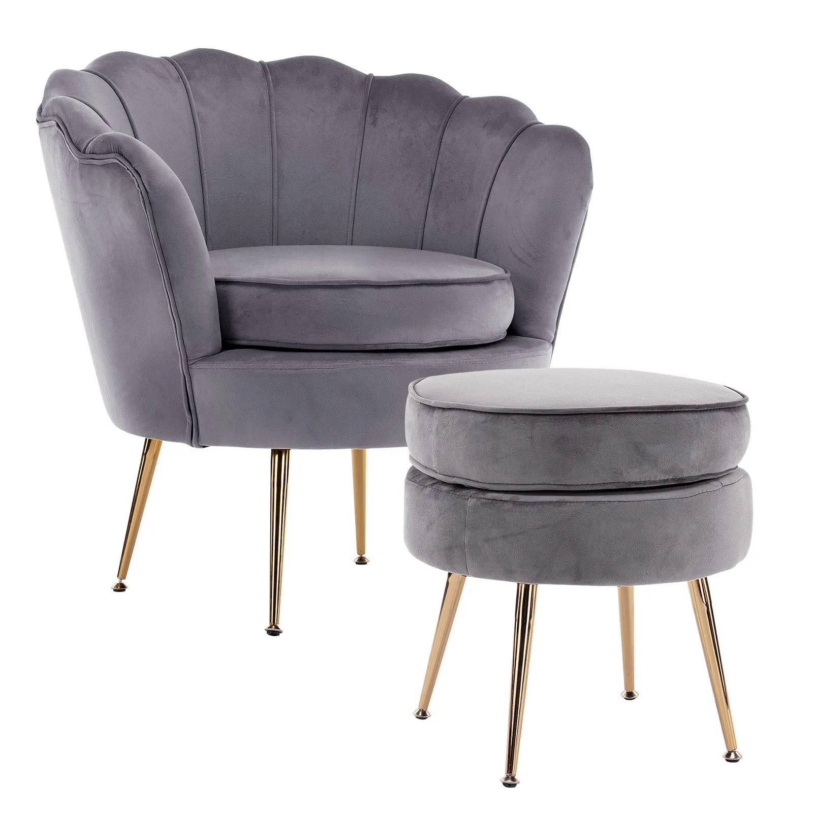 Armchair Lounge Chair Accent Velvet Shell Scallop   Ottoman Footstool Round GREY