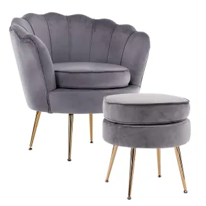 Armchair Lounge Chair Accent Velvet Shell Scallop   Ottoman Footstool Round GREY