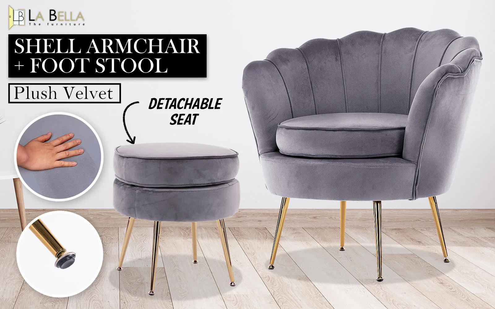 Armchair Lounge Chair Accent Velvet Shell Scallop   Ottoman Footstool Round GREY