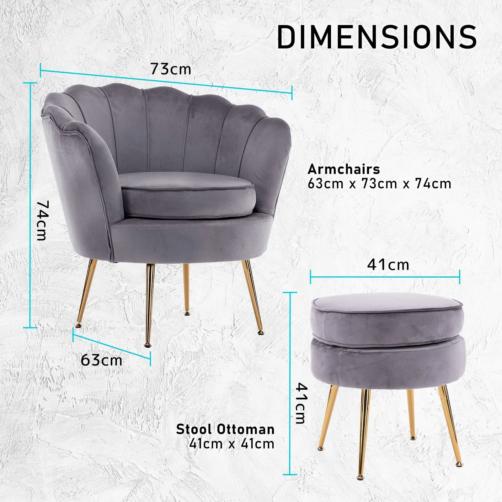 Armchair Lounge Chair Accent Velvet Shell Scallop   Ottoman Footstool Round GREY