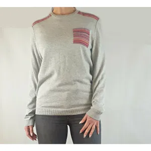 Asos pre-owned grey knit cotton mix jumper with contrasting bright patches size M (best fits 12)