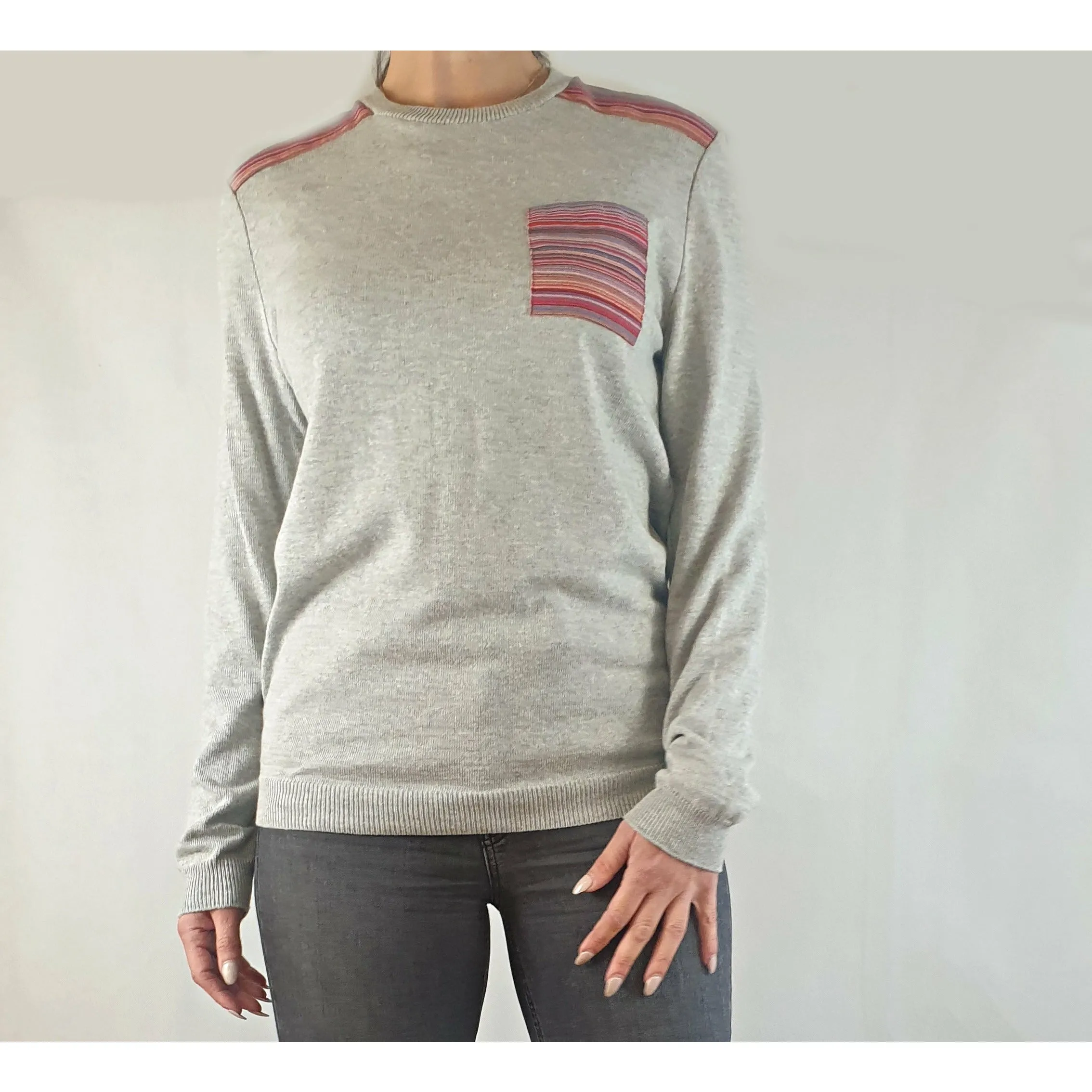 Asos pre-owned grey knit cotton mix jumper with contrasting bright patches size M (best fits 12)