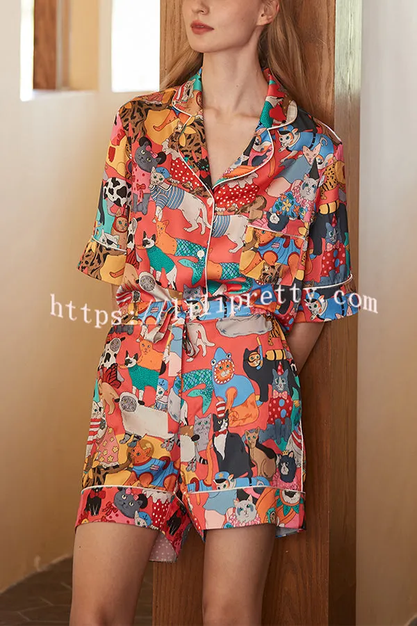 Banquet Cat Print Home Shorts Two-piece Set
