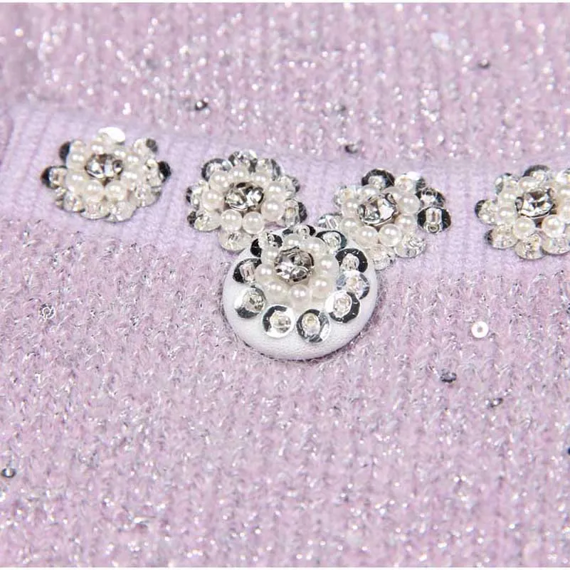 Beaded Knit Top Skirt Suit Button-Up Cardigan Jacket   Mini Skirt Set