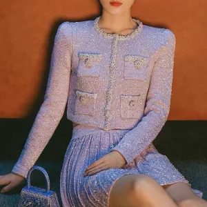 Beaded Knit Top Skirt Suit Button-Up Cardigan Jacket   Mini Skirt Set