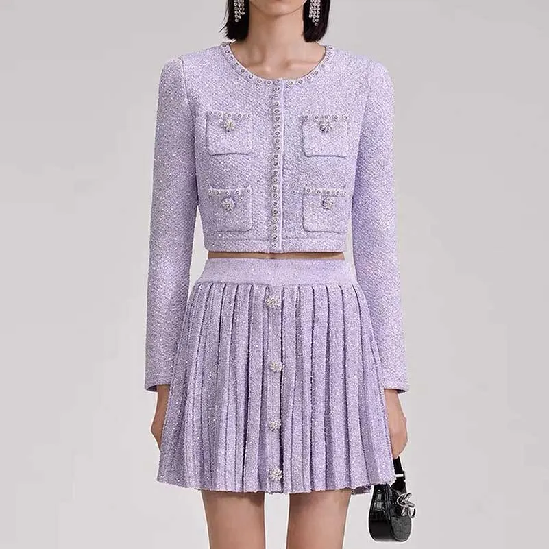 Beaded Knit Top Skirt Suit Button-Up Cardigan Jacket   Mini Skirt Set