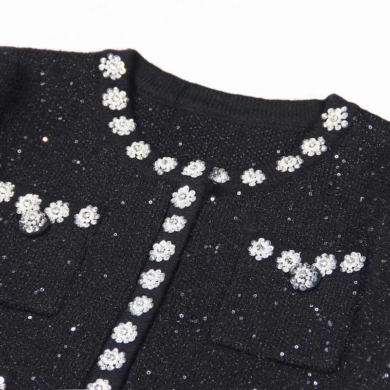 Beaded Knit Top Skirt Suit Button-Up Cardigan Jacket   Mini Skirt Set