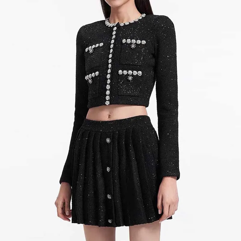 Beaded Knit Top Skirt Suit Button-Up Cardigan Jacket   Mini Skirt Set