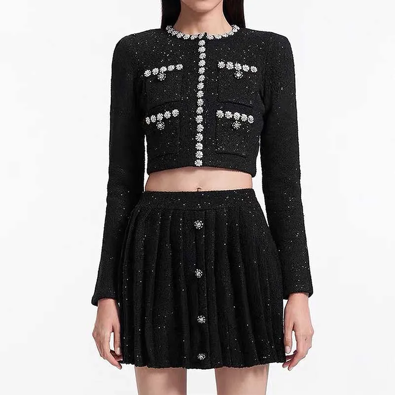 Beaded Knit Top Skirt Suit Button-Up Cardigan Jacket   Mini Skirt Set
