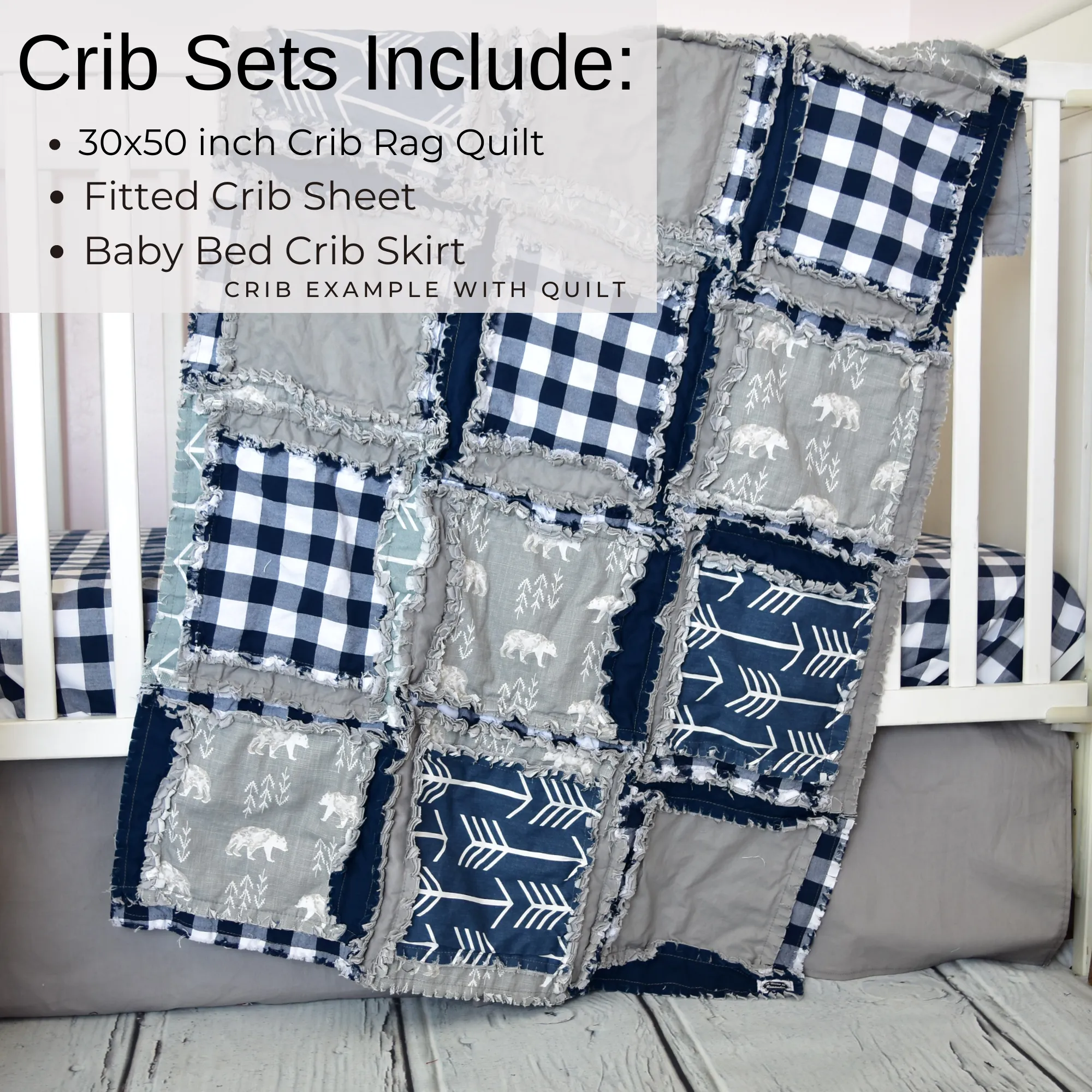 Bear Nursery Bedding for Baby Boy – Navy Blue | Gray - Cozy Woodland Crib Set
