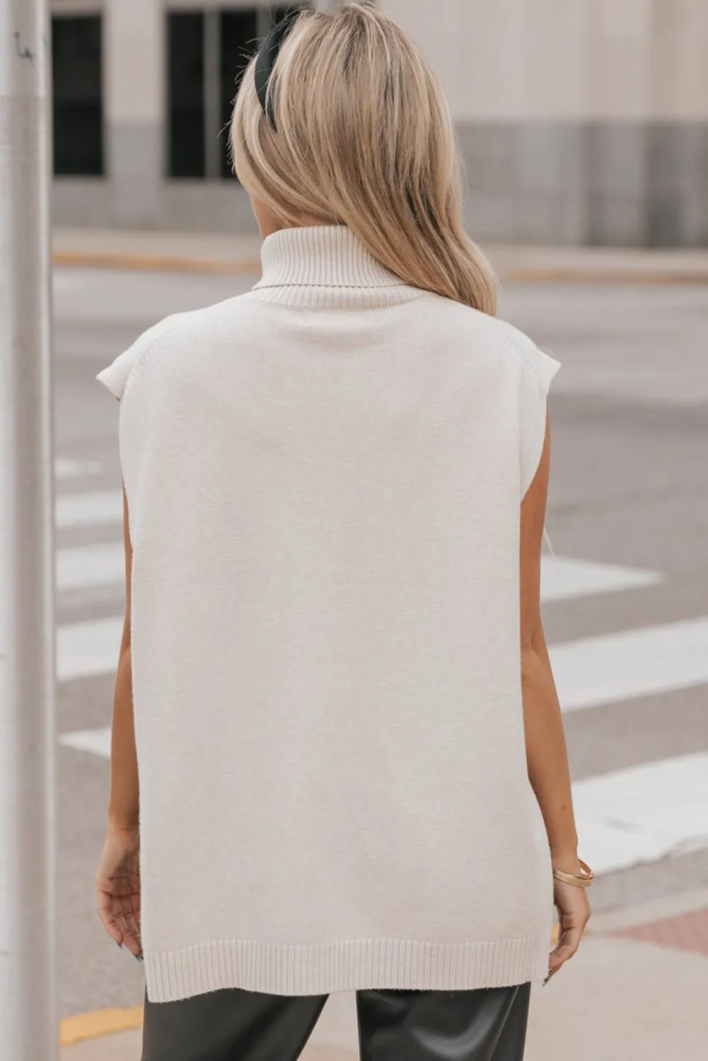 Beige Ribbed Turtleneck Split Hi-lo Hem Sweater Vest