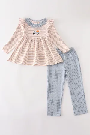 Beige Stripe Truck Pumpkin Applique Girl Set