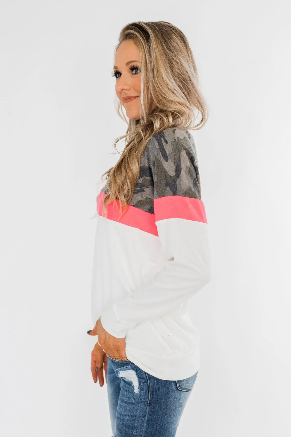 Best Foot Forward Long Sleeve Top- Camo, Neon pink, & Ivory
