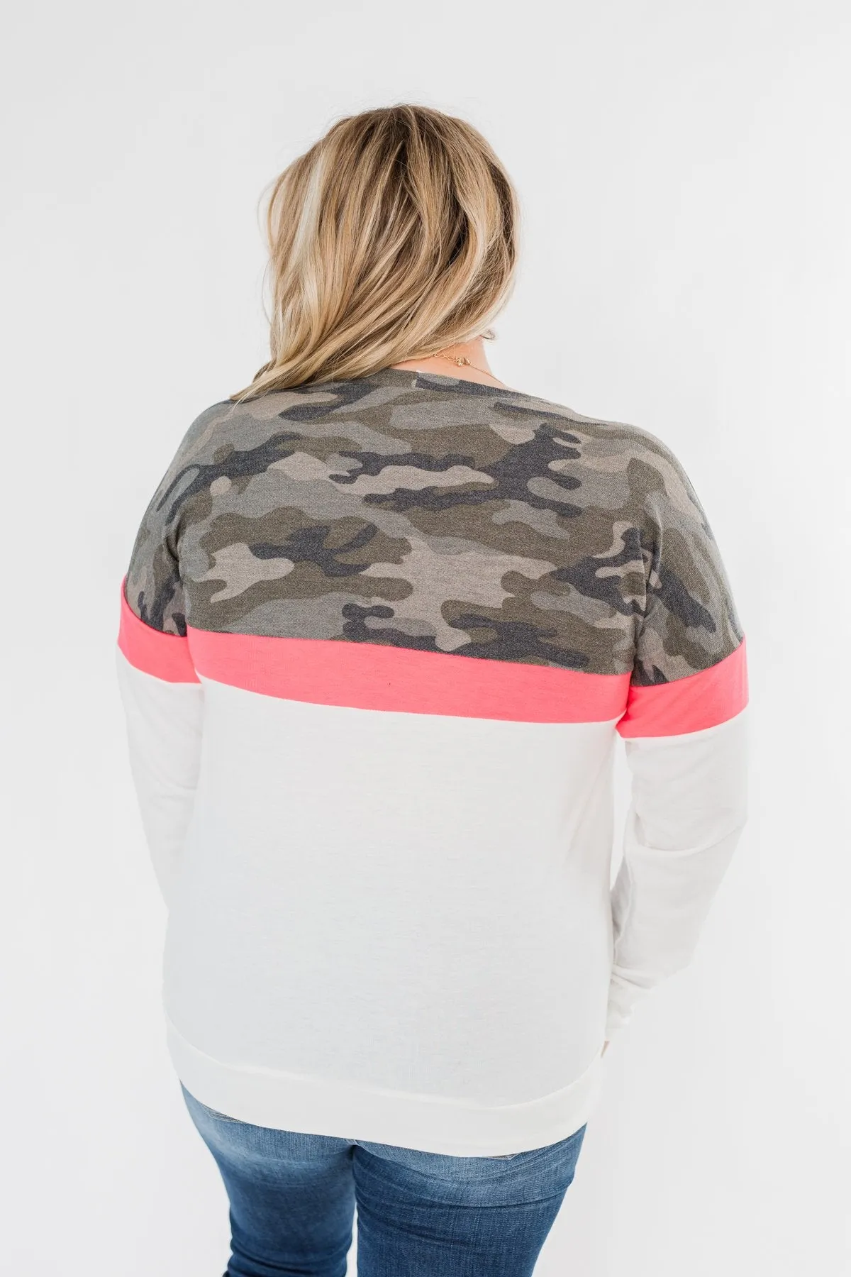 Best Foot Forward Long Sleeve Top- Camo, Neon pink, & Ivory