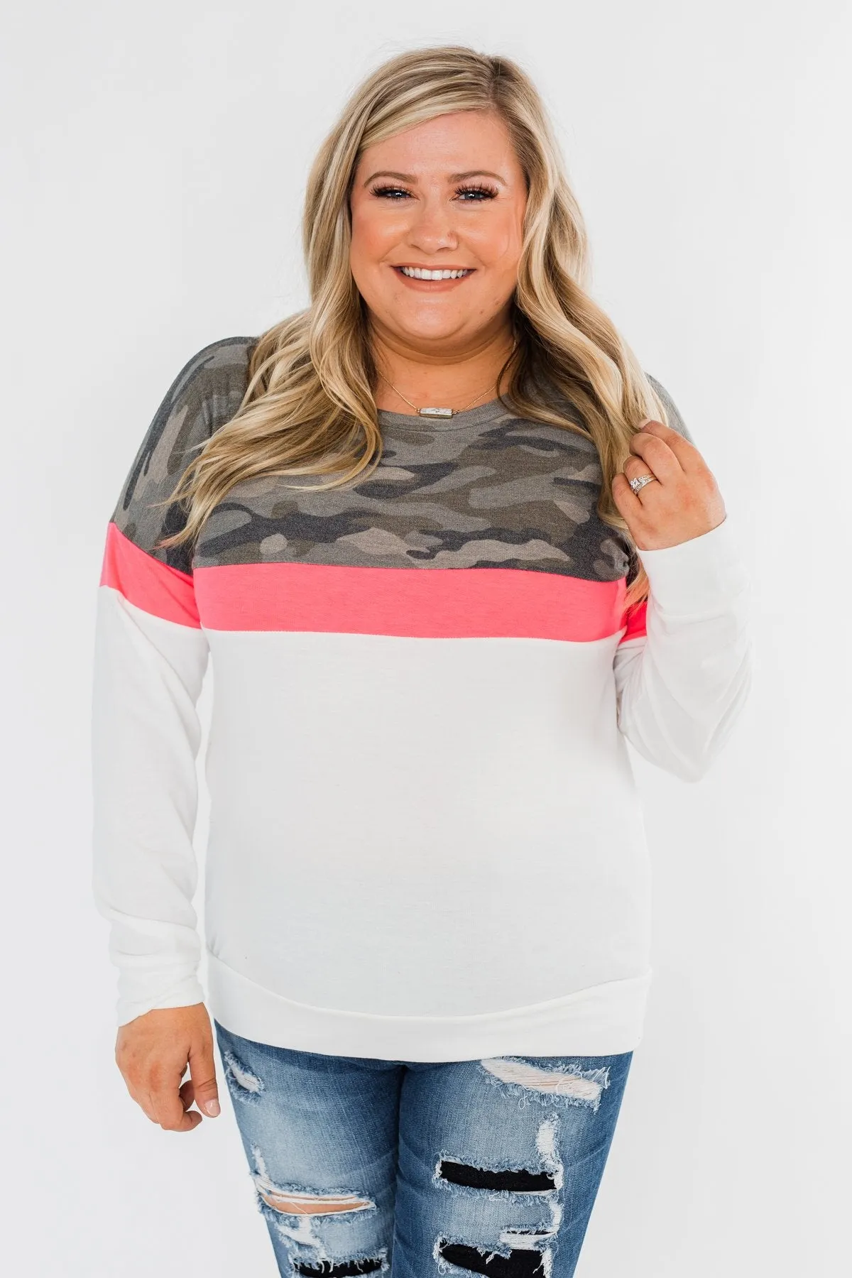 Best Foot Forward Long Sleeve Top- Camo, Neon pink, & Ivory