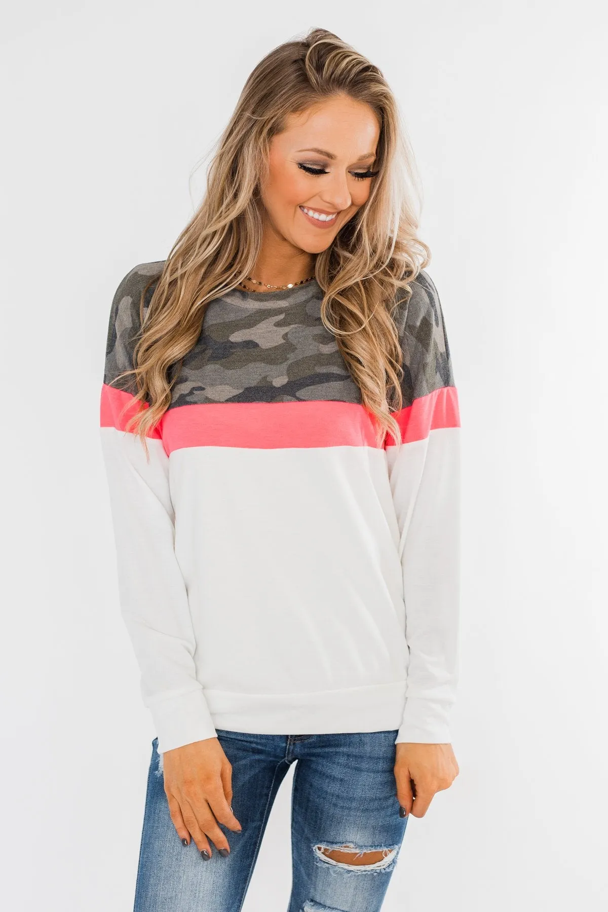 Best Foot Forward Long Sleeve Top- Camo, Neon pink, & Ivory