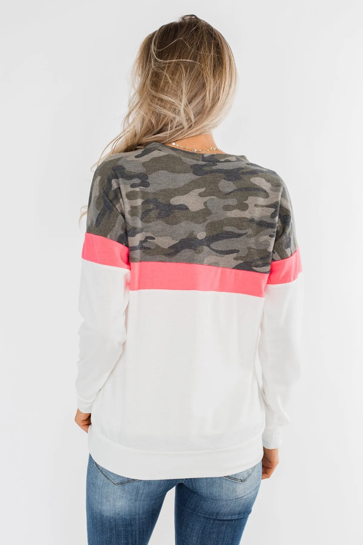 Best Foot Forward Long Sleeve Top- Camo, Neon pink, & Ivory
