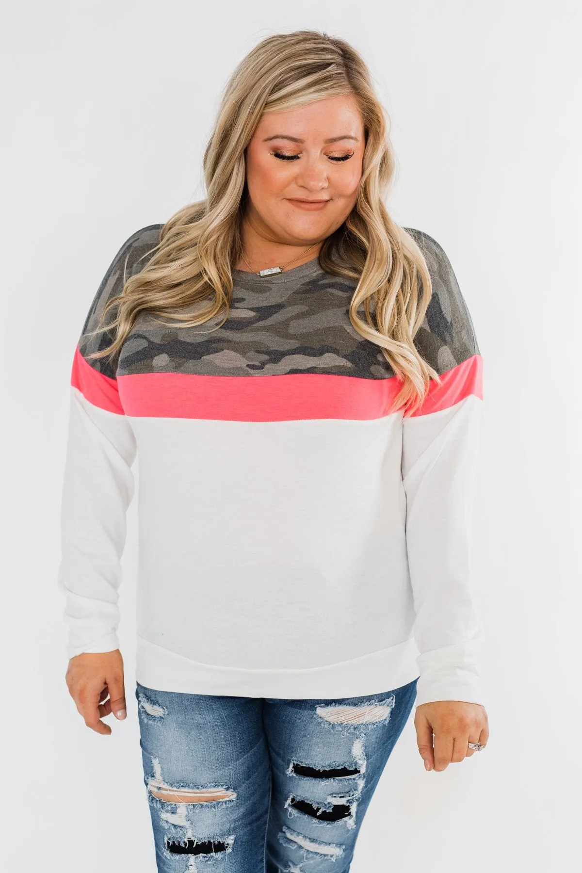 Best Foot Forward Long Sleeve Top- Camo, Neon pink, & Ivory